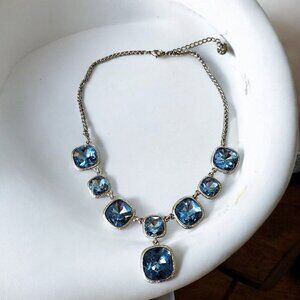 Monet Necklace Blue Large Rhinestones Faceted Silver‎ Tone Y-Drop Statement 18"